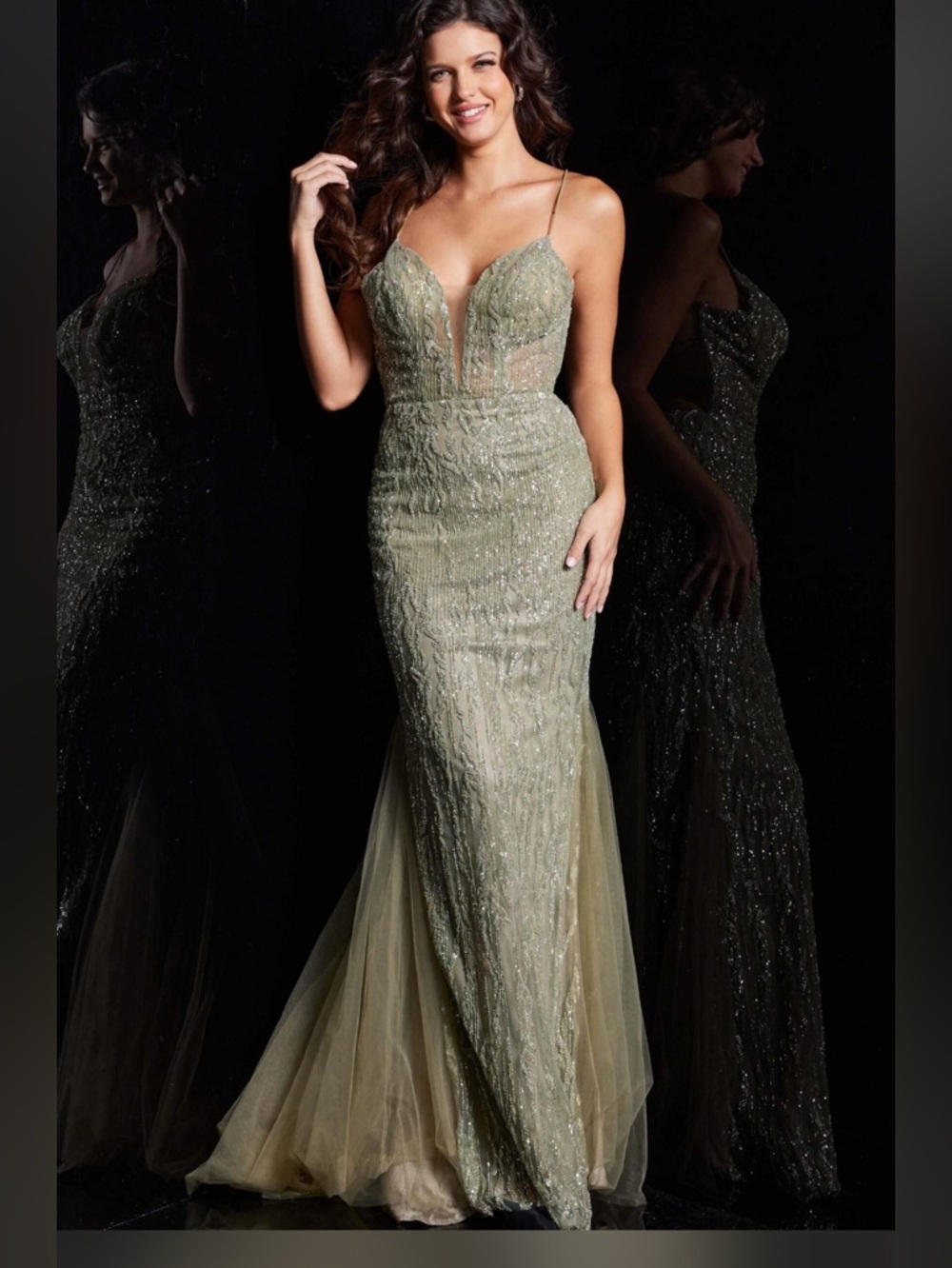 Jovani Olive Beaded Mermaid Gown with Plunging V-Neck